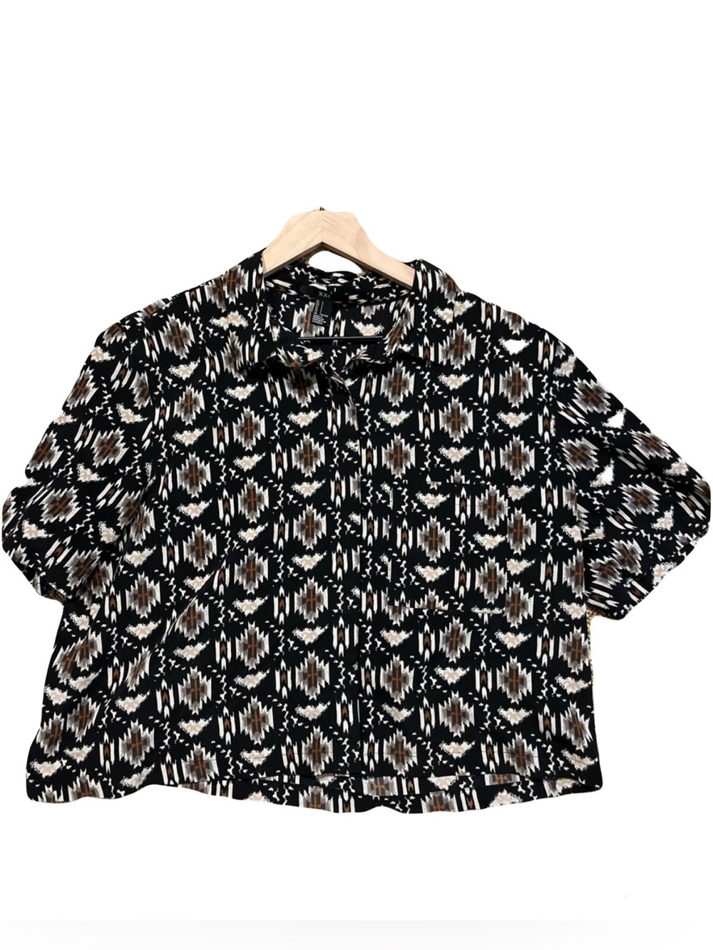 Geometric Print Camp Collar Shirt Southwestern Boho Boxy Fit Desert Chic Retro
